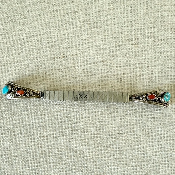 Sterling Silver Navajo Turquoise & Coral Watch Band Tips - Picture 4 of 13